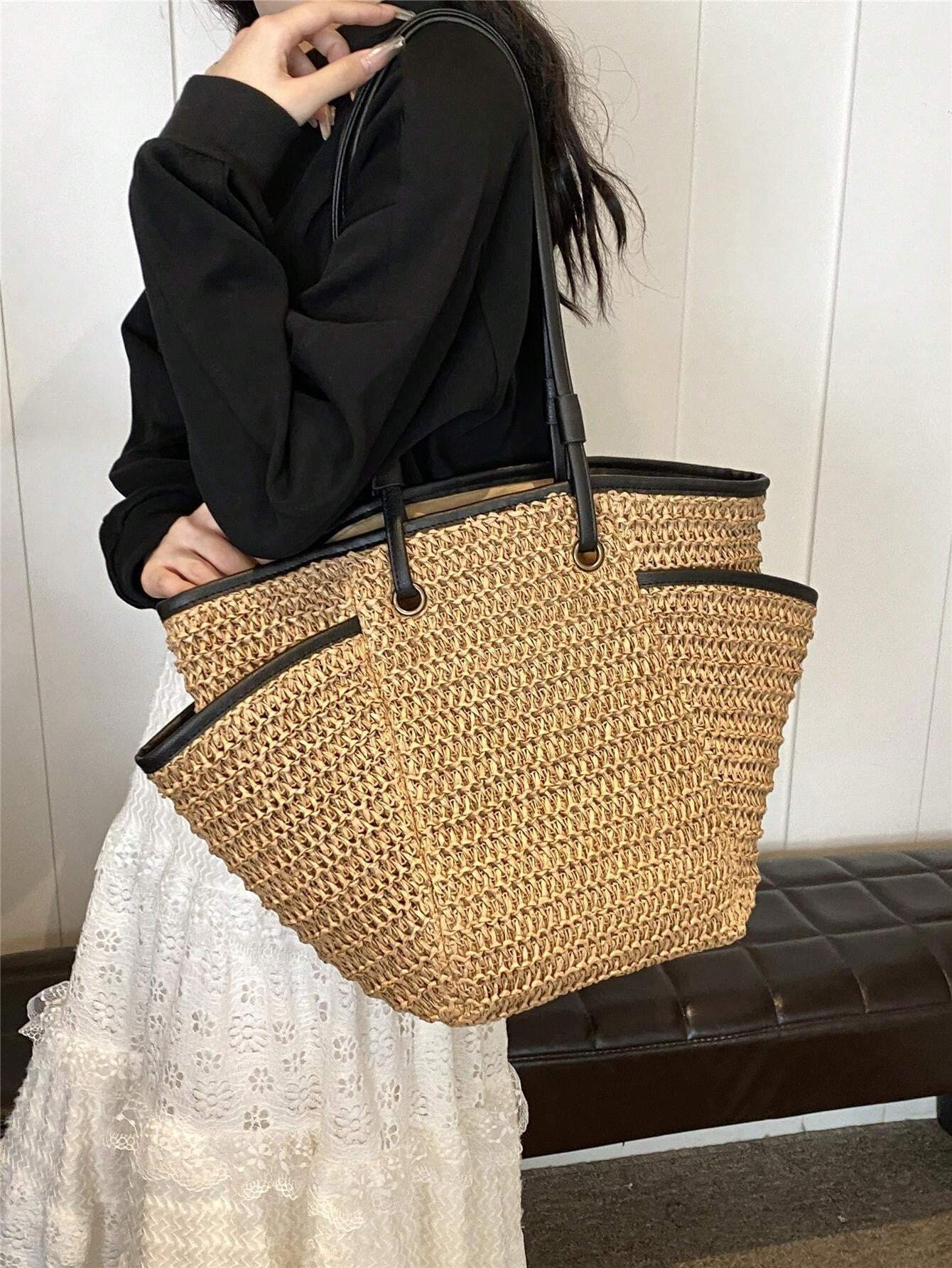 Large Capacity Holiday Beach Bag, Woven Wing Tote Bag With Multiple Pockets, Casual Shoulder Bag ... | SHEIN