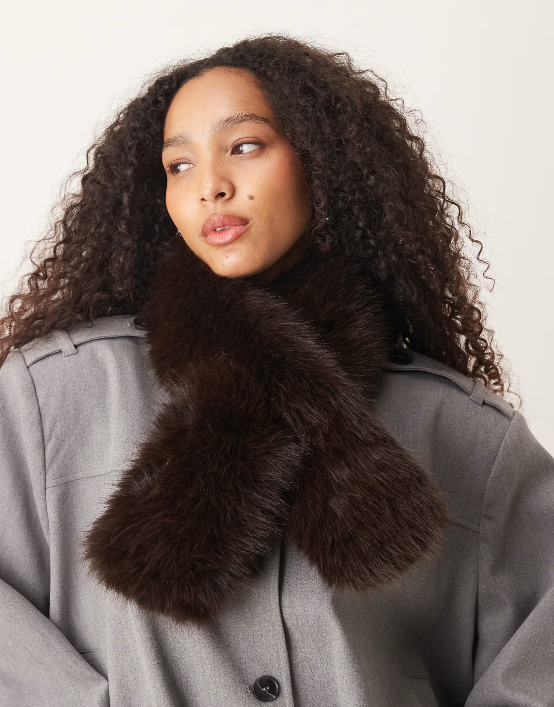 Gina Tricot faux fur plush scarf in dark brown | ASOS (Global)