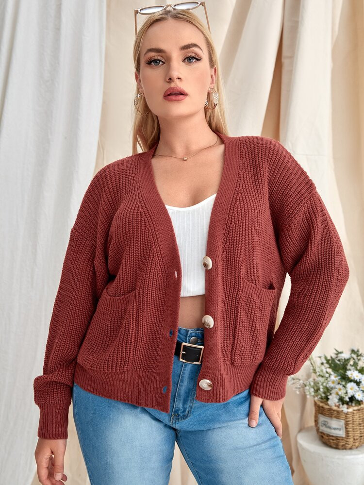 Plus Solid Dual Pocket Button Through Cardigan | SHEIN