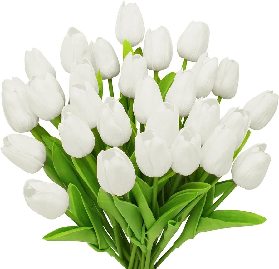 30pcs White Flowers Artificial Tulip Stems Real Feel PU Tulips for Easter Spring Wreath Wedding B... | Amazon (US)