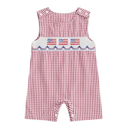 BeQeuewll 4th of July Newborn Girl Boy Romper Plaid Smocked Jumpsuit Embroidery Flag Overalls Baby First 4th of July Outfit (Red, 0-3 Months) | Amazon (US)