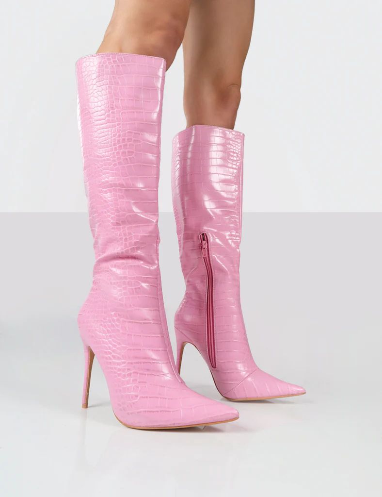 Horizon Pink Croc PU Stiletto Knee High Boots | Public Desire