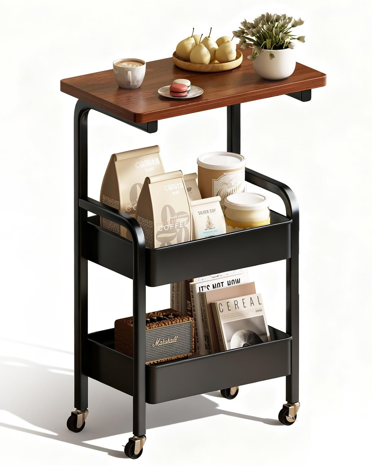 3 Tier Metal Rolling Utility Cart Organizer with Walnut Table Top, Stable and Sturdy Rolling Stor... | Amazon (US)
