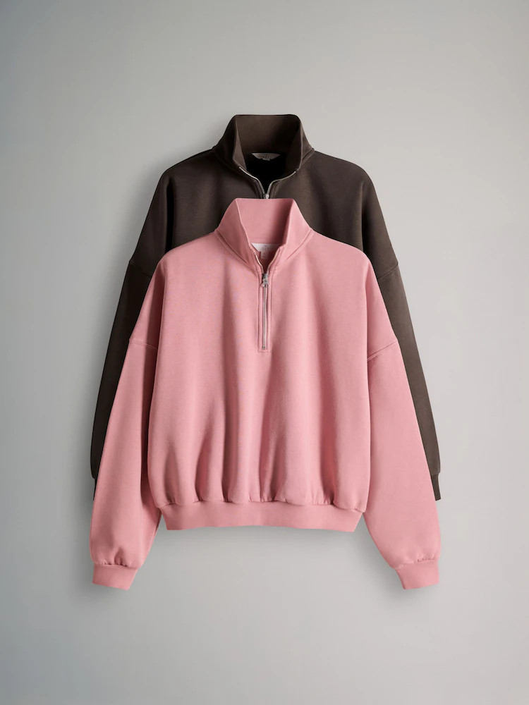 Buy The Set 2 Pack Half Zip Funnel Neck Sweatshirts Pink/Chocolate Brown from Next United Arab Em... | Next UAE