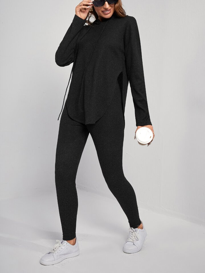 SHEIN Privé Curved Hem Hoodie & Leggings Set | SHEIN