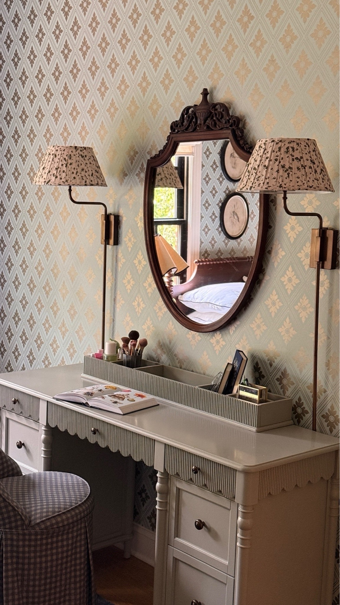 Faye’s new desk set up. Sconces are from shades of light, desk is from our Pottery Barn Teen collection, vanity chair is target and mirror is vintage (linked similar)

#LTKHome #LTKKids