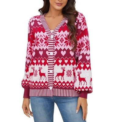 Women Christmas Sweater Cardigans with Reindeer Snowflakes Pattern Button Down Christmas Ugly Sweater Cardigan V Neck 2025 Xmas Cardigan,Red - S | Target
