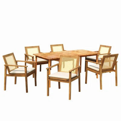 Preston Outdoor Patio 7-Piece Dining Set, 6 Acacia Wood Dining Chairs With Beige Cushions And 1 Acacia Wood Dining Table | Wayfair North America