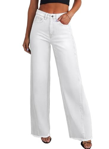 Sidefeel Women's Wide Leg Jeans High Waisted Stretchy Raw Hem Denim Pants Size 6 White | Amazon (US)