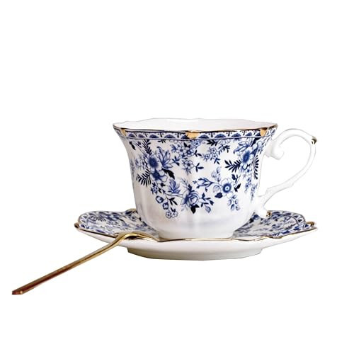 POWDONUNT Vintage Floral Porcelain Tea Cup and Saucer Set with Spoon, Gold Trim, 6.4 oz – Set of 1, Blue – Tea & Espresso & Coffee Cups (1, China Flower) | Amazon (US)