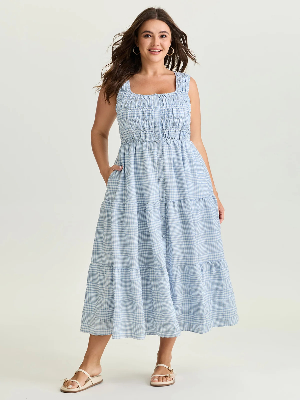 Check Pattern Shirred Bodice Midi Dress | Bloomchic