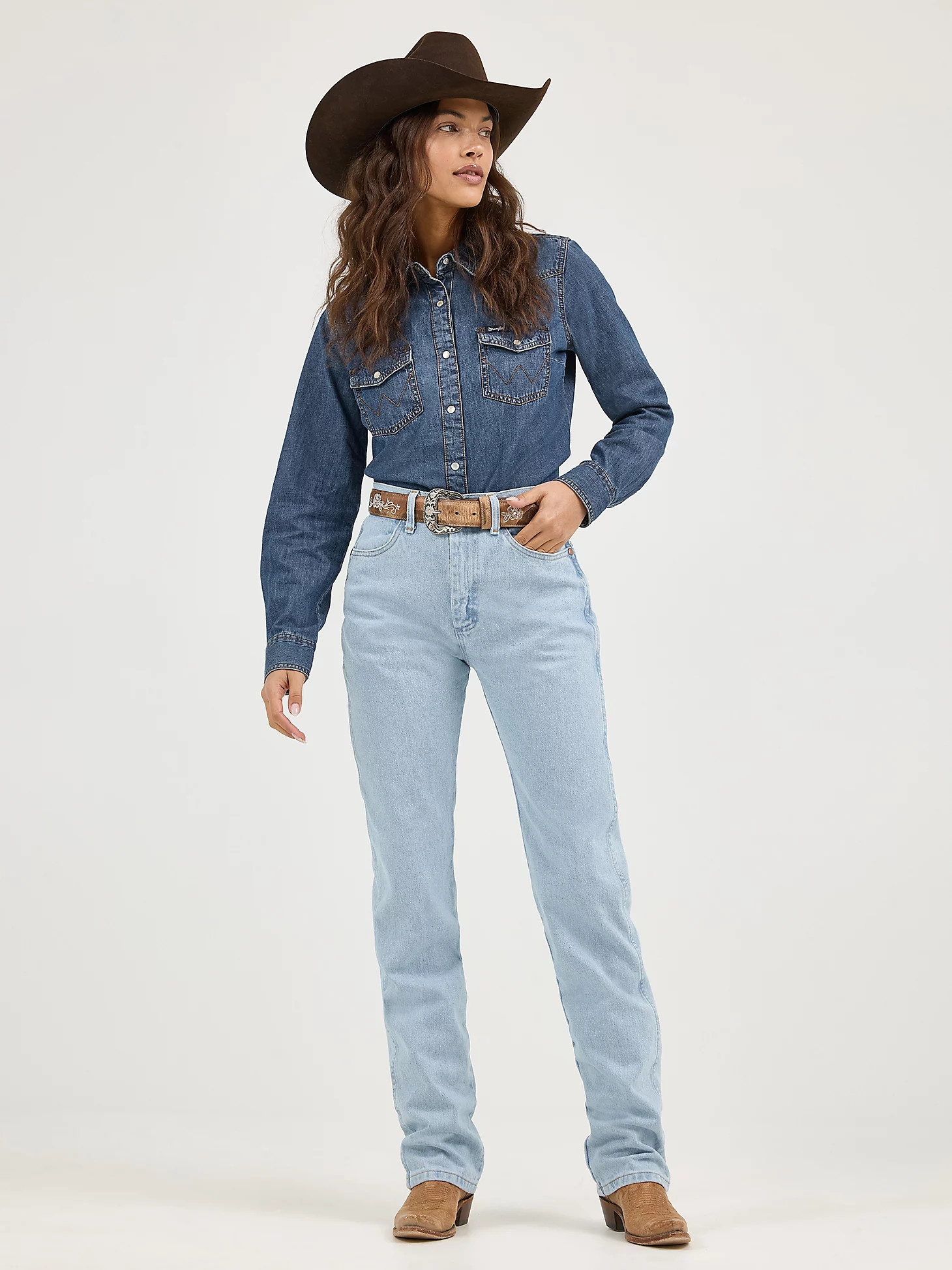 Women's Long Sleeve Western Snap Denim Shirt in Dark Denim | Wrangler