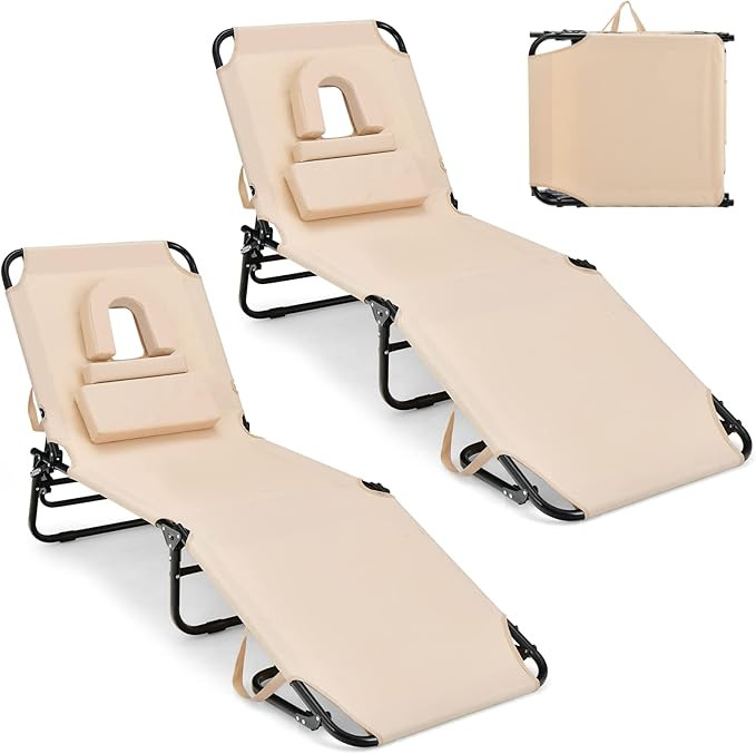 GYMAX Tanning Chair, 330lbs Beach Lounge Chair with Face Hole, Washable Pillow & Carry Strap, Adj... | Amazon (US)