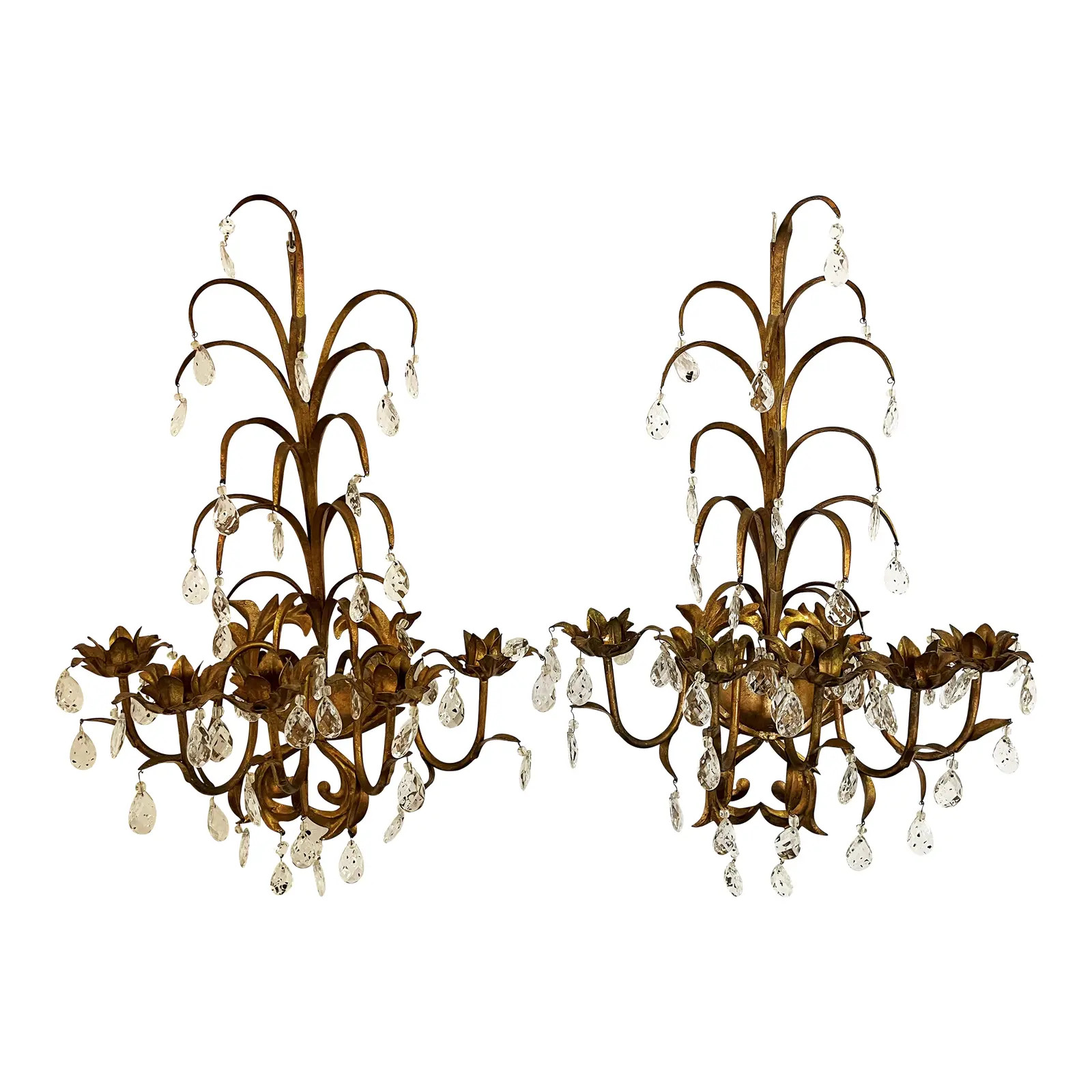 1950's Italian Gilt Tole and Crystal 5-Candle Sconces- a Pair | Chairish