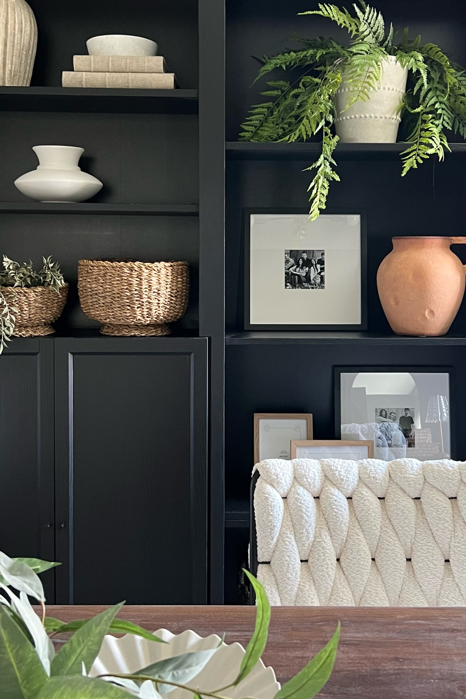 Home office: shelf styling! 
Moody black bookcases calls for a lighter touch with the decor✨
Still loving my cute and comfy office chair, so affordable! 

#LTKHome
