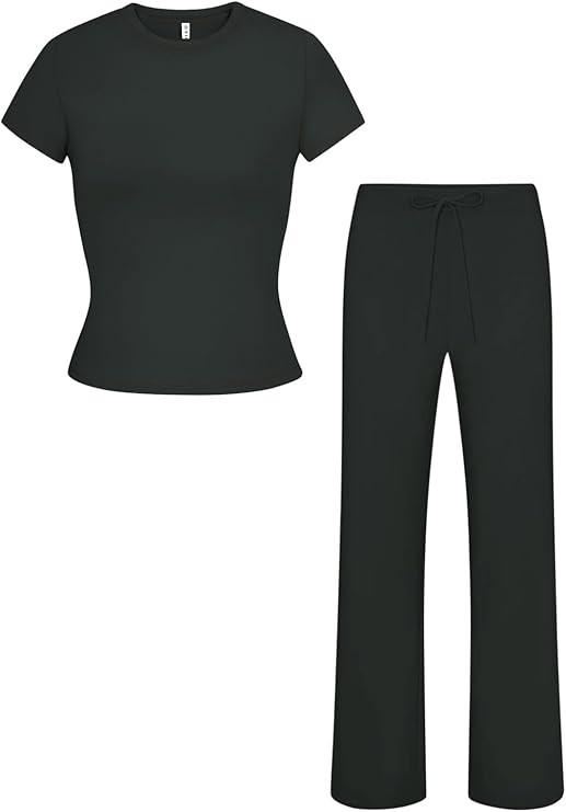 REORIA Women's 2 Piece Lounge Sets Short Sleeve Basic Tops Straight Leg Pants Comfy Casual Outfit... | Amazon (US)