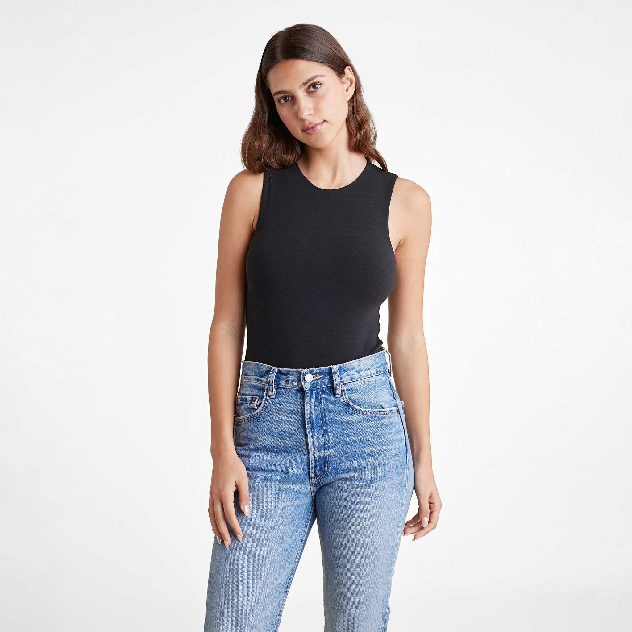 Cotton Stretch Classic Crewneck Tank Bodysuit | Black | Nuuds US