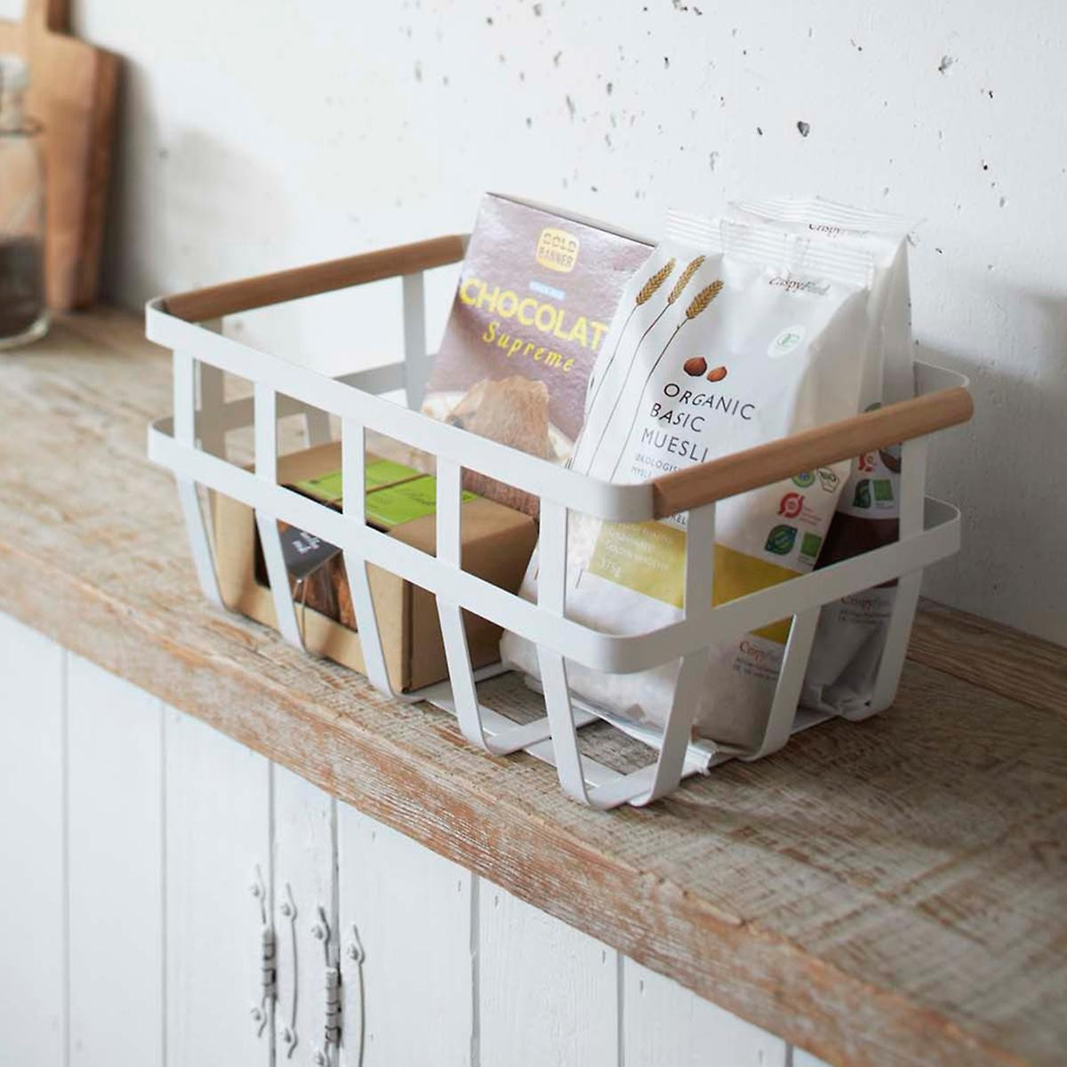 Yamazaki Slim Tosca Basket w/ Wooden Handles White/Natural | The Container Store