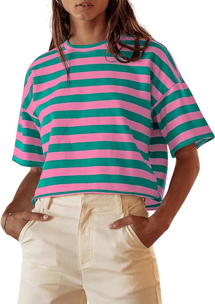 Cioatin Women Oversized Striped Colorblock Crop Tee Top Crew Neck Short Sleeve Loose Fit Aestheti... | Amazon (US)