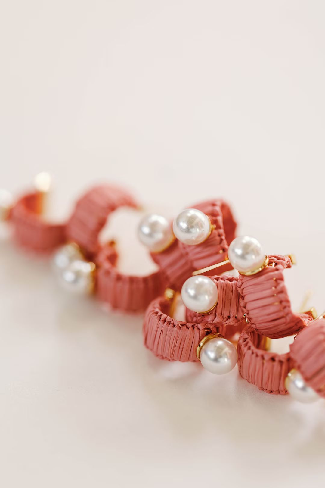 Mini Pink Raffia and Pearl Huggie Hoop Earrings - Etsy | Etsy (US)