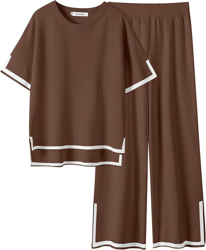 ANRABESS Womens 2 Piece Outfits Lounge Sets Short Sleeve Pullover Sweater Sets Wide leg Loose Cas... | Amazon (US)