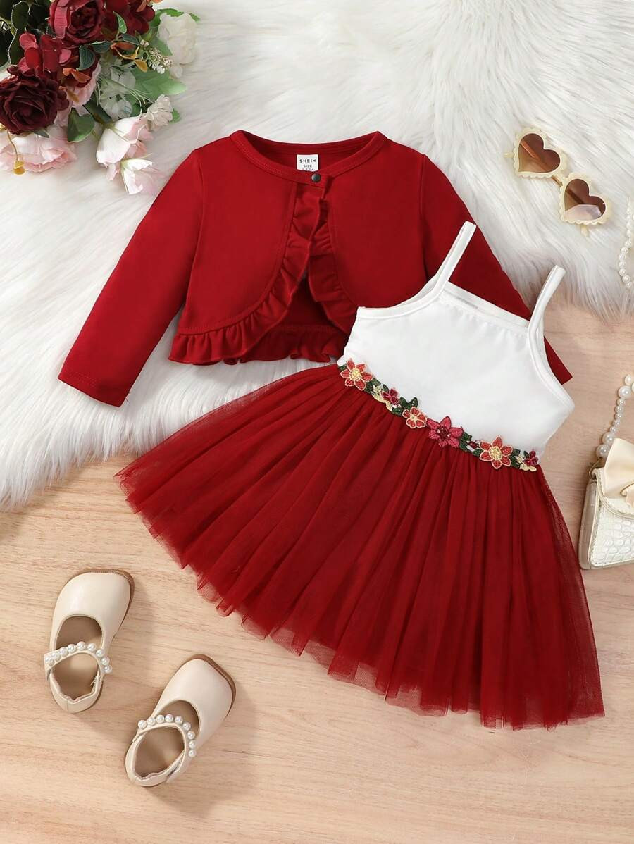 Glamorique Kids 2pcs Baby Girls Autumn/Winter Outfit: Red Mesh Dress & Green Top, Casual Elegant ... | SHEIN