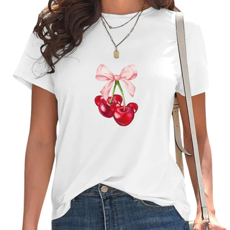 White Sweet Cherry Pink Bow Print T-Shirt Women's Casual Loose Fit Short Sleeve Cute Fruit Aesthe... | Walmart (US)
