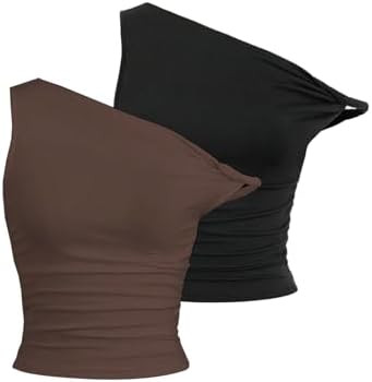 SOLY HUX Women's 2 Piece Tank Top Asymmetrical Neck Twist Ruched Sleeveless Going Out Tops | Amazon (US)