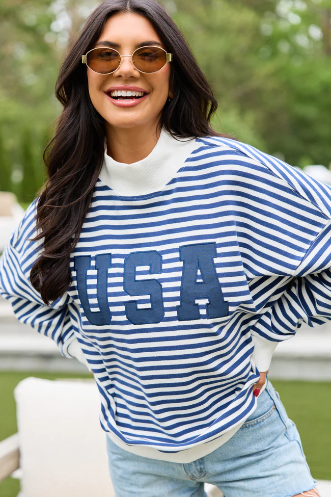 USA Striped Mock Neck Sweatshirt | Pink Lily