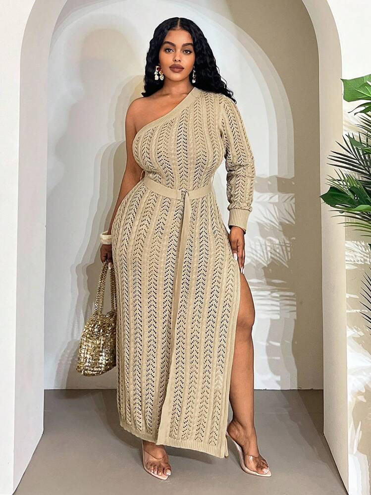 Veslaya 2025 Spring/Summer Plus Size Women Vintage Western Resort/Brunch Outfit/Music Festival/Club/Road Trip/Cruise Wear, Casual City Vacation/Graduation Date/Elegant Attire, Fitted Crochet Khaki Sweater With Asymmetric Shoulder And Belt, High Slit Maxi Dress Plus Size Dress Plus Size Knit Dress Plus Size One Shoulder Dress Plus Size Brunch Outfit Curvy Knit Dress In Fall/Winter | SHEIN