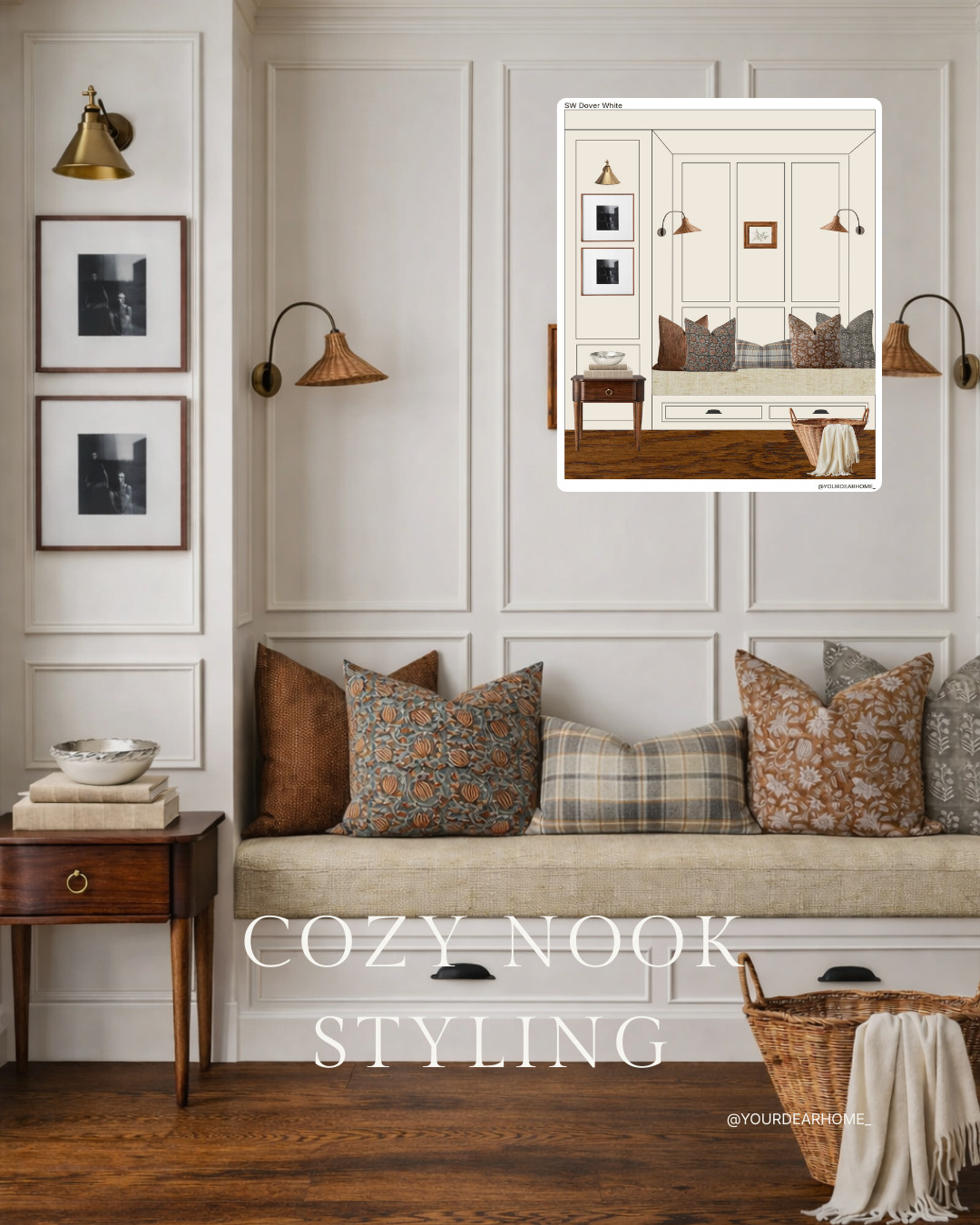 This little nook is proof that details matter! 
Picture frame molding instantly makes a wall feel elevated, and keeping the panels evenly spaced is what gives it that calm, finished look. 

I kept the walls in SW Dover White so the textures, wood tones, and fabrics do all the talking. It’s cozy, classic, and the kind of spot you actually want to sit in! 


 

 #LTKHome