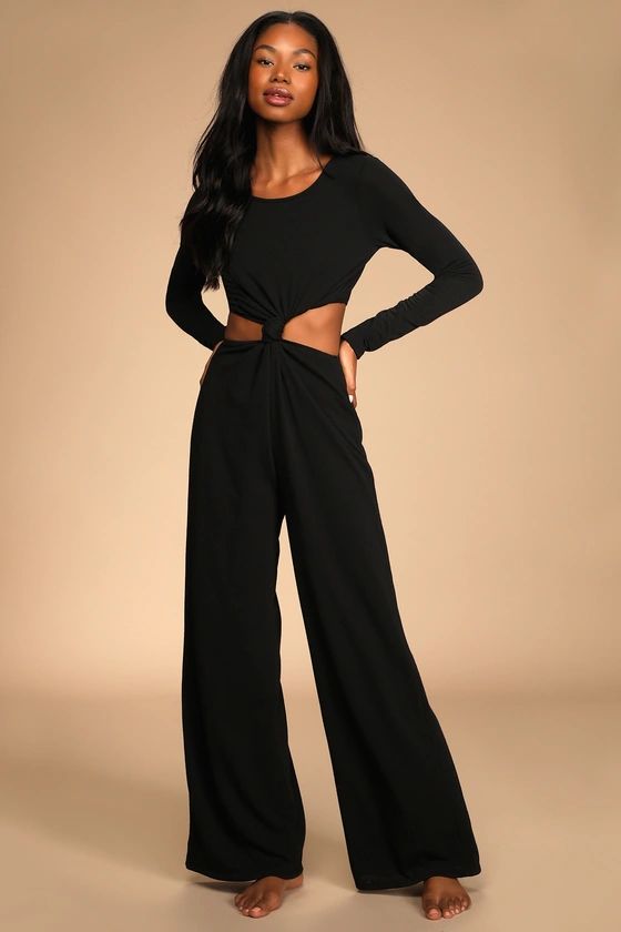 Chose to Chill Black Long Sleeve Cutout Wide-Leg Jumpsuit | Lulus (US)