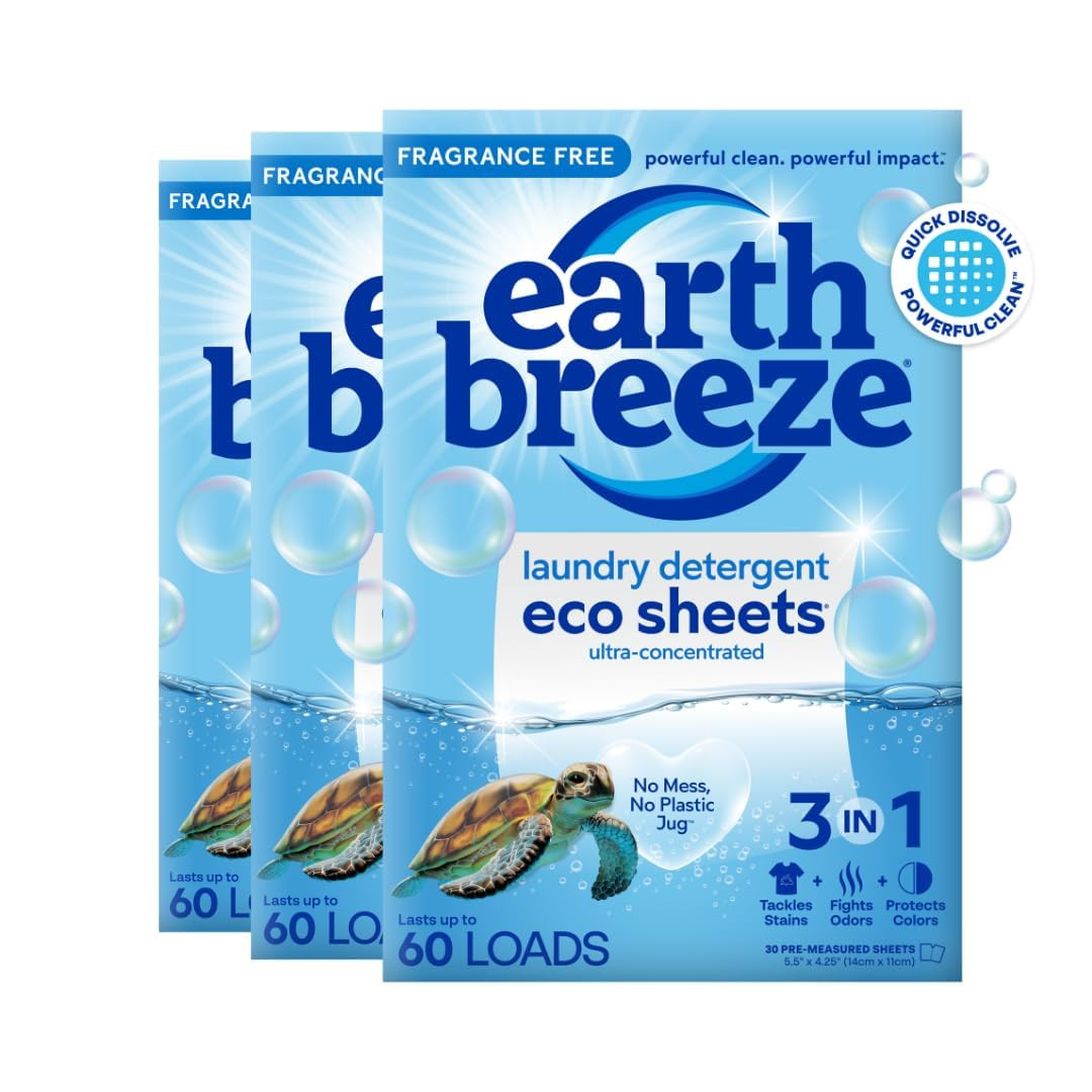 Earth Breeze Laundry Detergent Sheets - 90 Sheets (3 Pack/30 Each) - 180 Loads - Concentrated Liq... | Amazon (US)