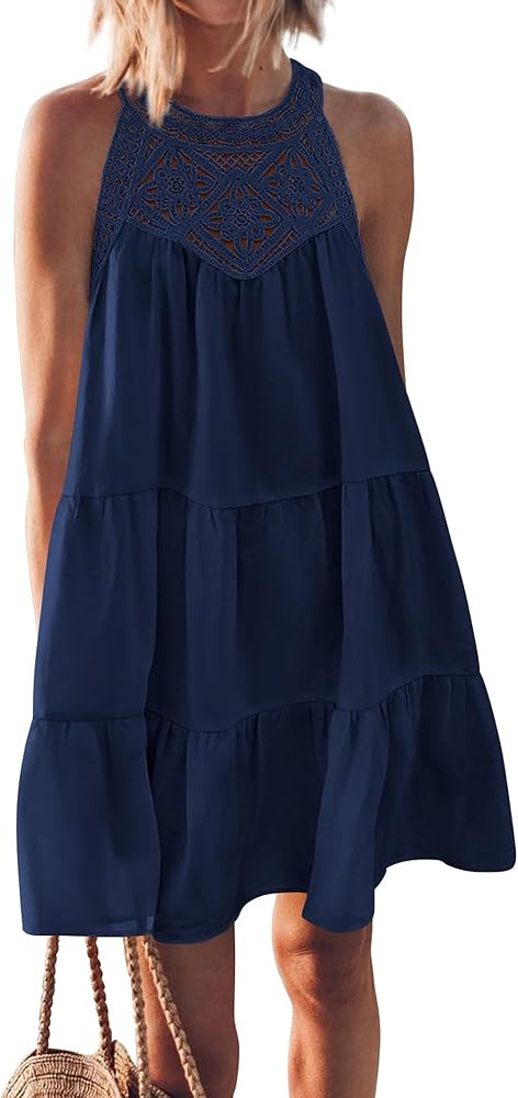 KIRUNDO Womens Summer Casual Sleeveless Halter Sundress 2024 Hollow Out Tiered Swing A Line Mini ... | Amazon (US)