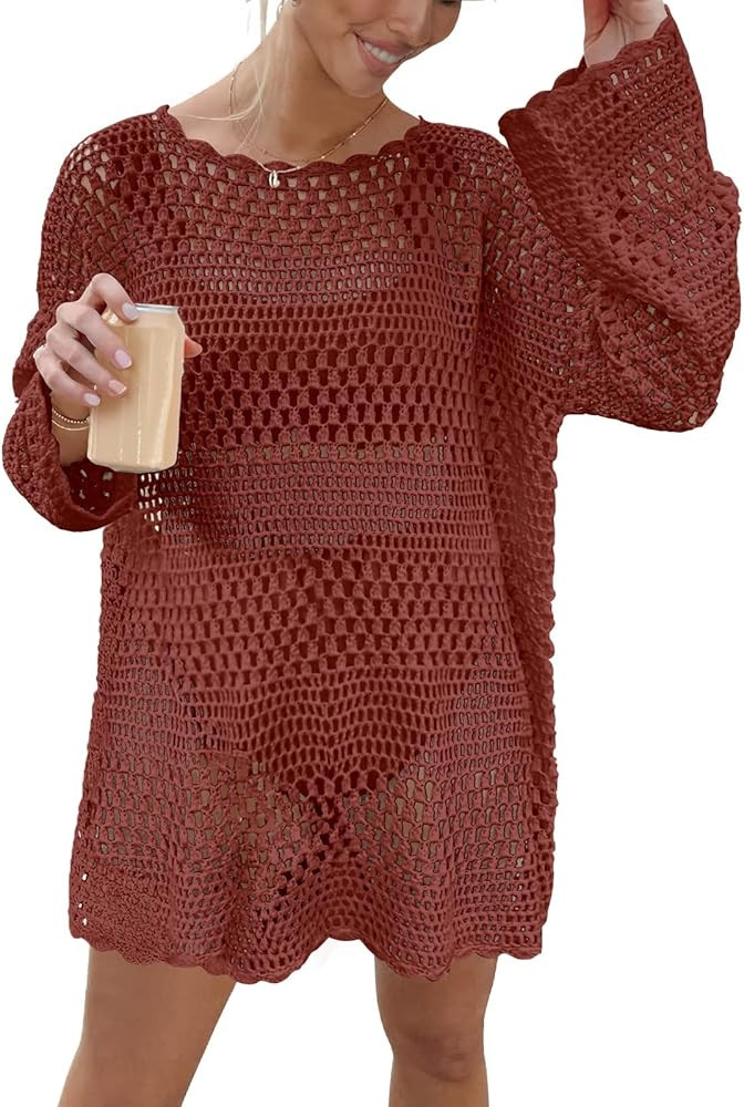 Prinbara Women Swimsuit Crochet Hollow Out Swim Cover Up Bikini Swimwear Knit Mesh Tunic Beach Dr... | Amazon (US)