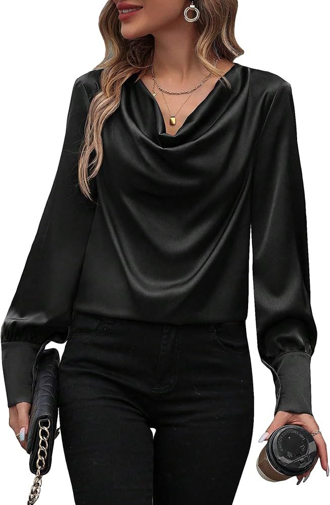 MakeMeChic Women's Elegant Cowl Neck Silk Shirt Bishop Long Sleeve Office Satin Blouse Top | Amazon (US)