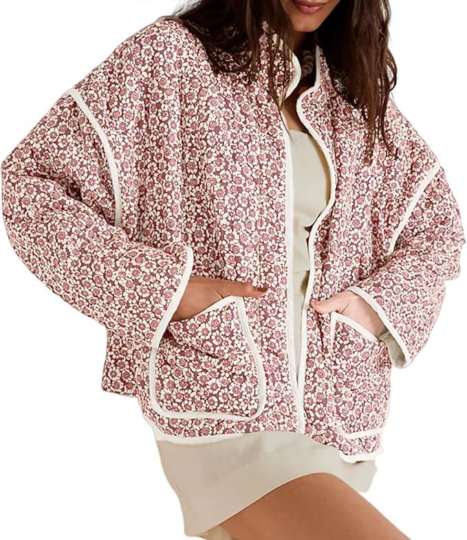 Tankaneo Womens Quilted Lightweight Jackets Floral Print Winter Coats Open Front Cardigan with Po... | Amazon (US)