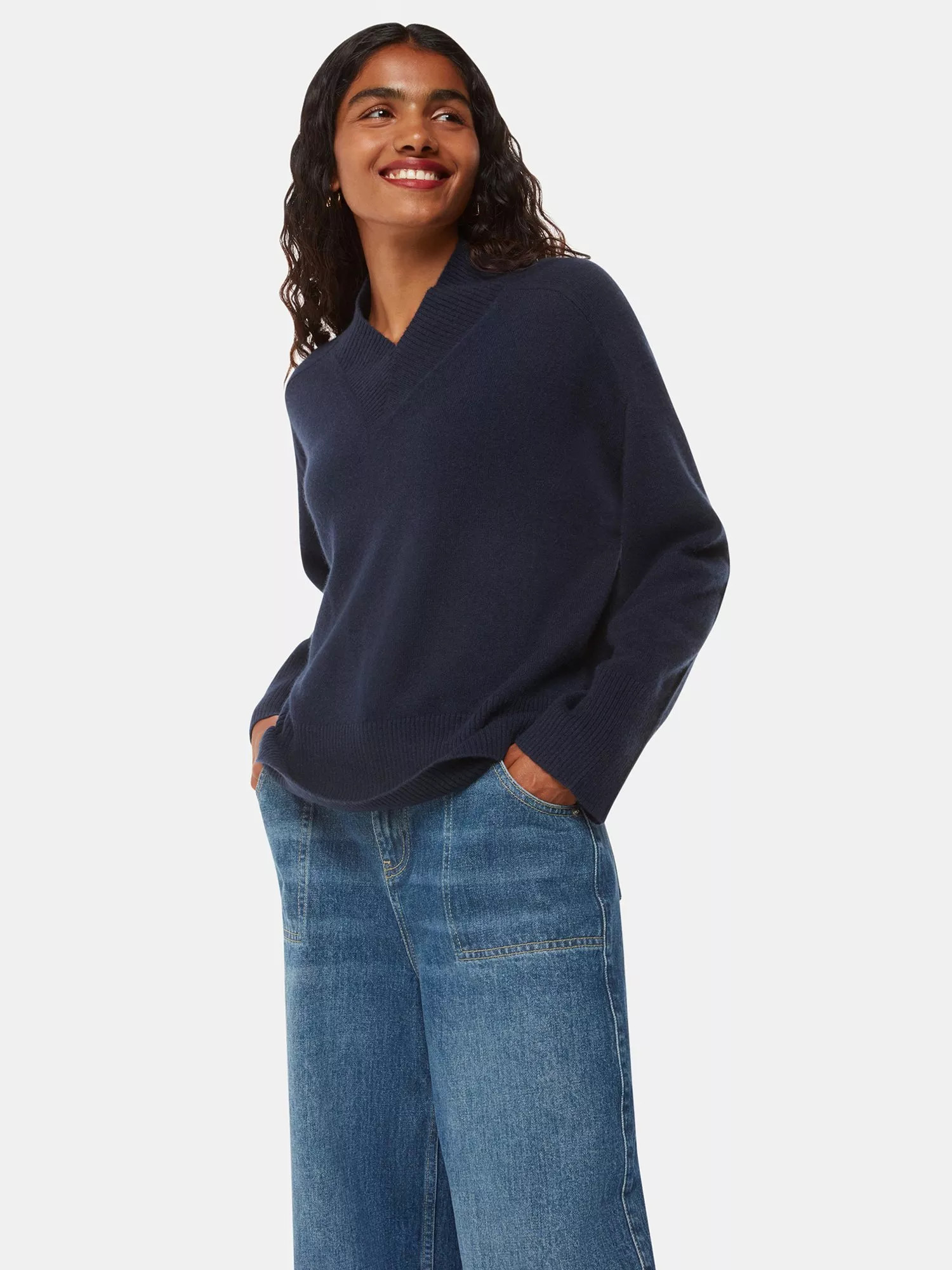 Whistles Petite V-Neck Cashmere Jumper, Navy | John Lewis (UK)