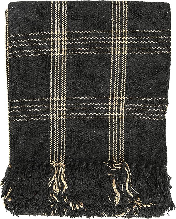 Creative Co-op DF3609 Plaid Black & Tan Fringed Woven Cotton Blend Throw, Black | Amazon (US)