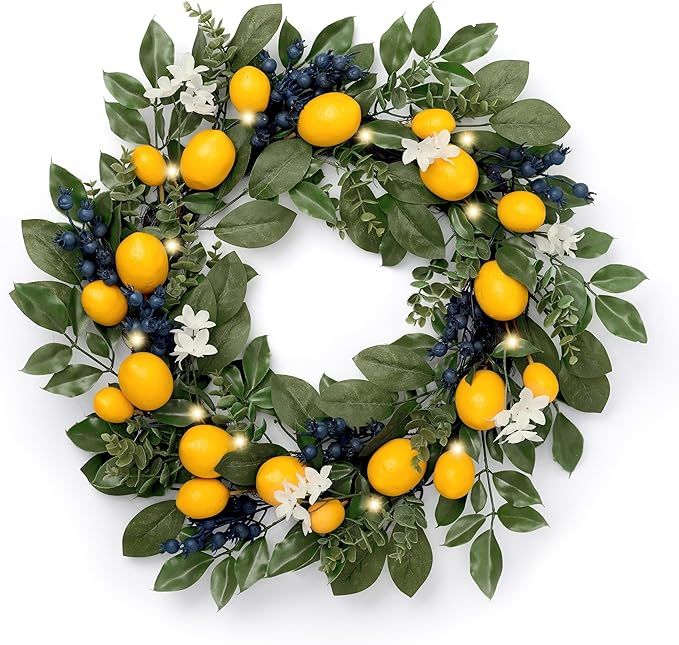 Valery Madelyn Pre-Lit Lemon Spring Wreaths for Front Door with Lights, 24 Inch Lighted Farmhouse... | Amazon (US)