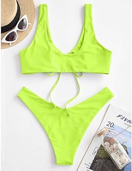 ZAFUL Women's Cinched Tie Front Scoop Neck High Cut Bikini Set Two Piece Swimsuit | Amazon (US)