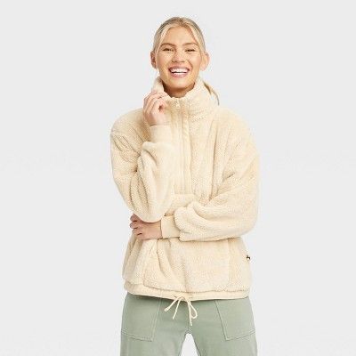 Women&#39;s High Pile Fleece 1/2 Zip Pullover - JoyLab&#8482; Ivory XL | Target