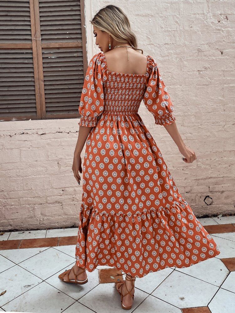 Allover Print Shirred Ruffle Hem A-line Dress | SHEIN