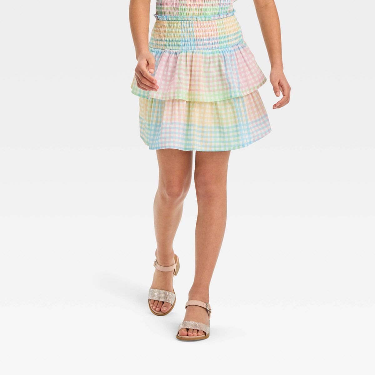Girls' Smocked Waist Woven Tiered Skirt - art class™ Pink/Blue/Green M | Target