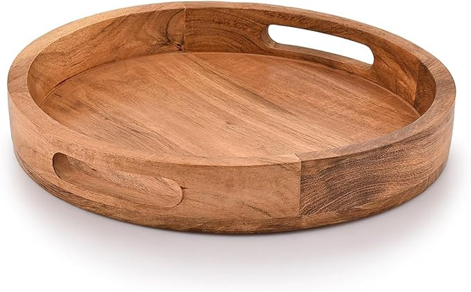 Samhita Round Serving Acacia Wooden Tray with Handles for Serving Beverages & Food on Bar Living ... | Amazon (US)