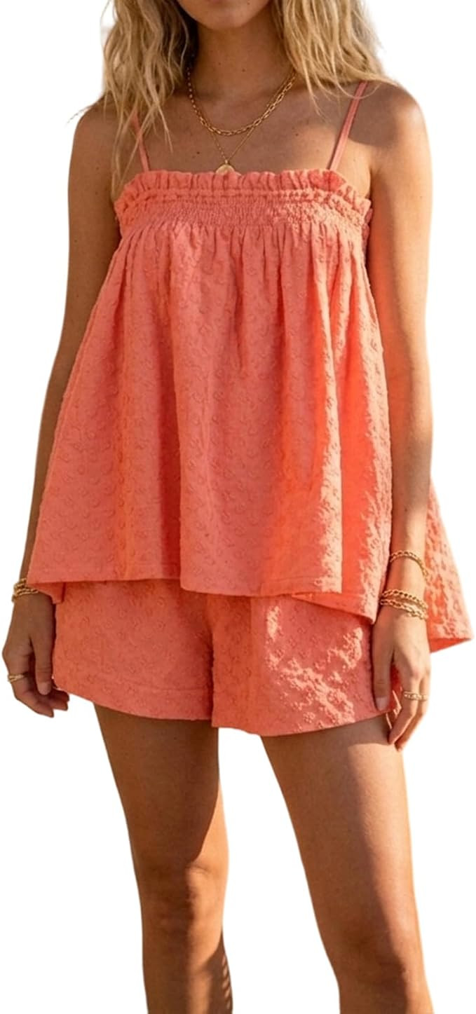 Foidiccx Womens Two Piece Outfits Set Ginham Textured Tank Top Shorts Matching Sets | Amazon (US)