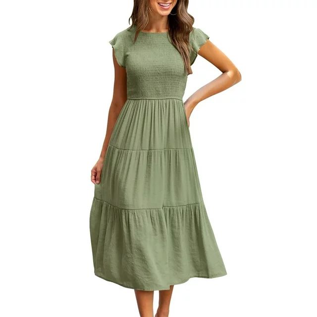 Suanret Women's Flutter Short Sleeve Smocked Midi Dress Summer Casual Tiered A-Line Dress Green S... | Walmart (US)