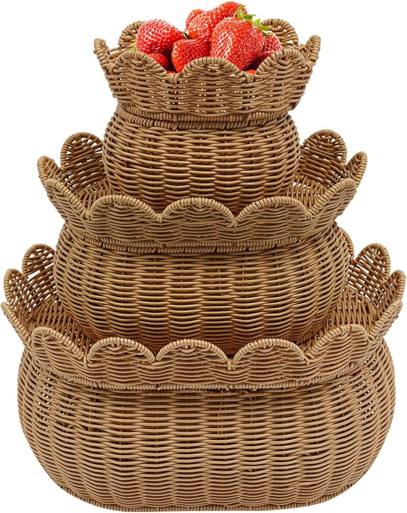 3 Pcs Scalloped Baskets, Hand-Woven Storage Basket, Scalloped Edge Wicker Basket With Lid for Nur... | Amazon (US)