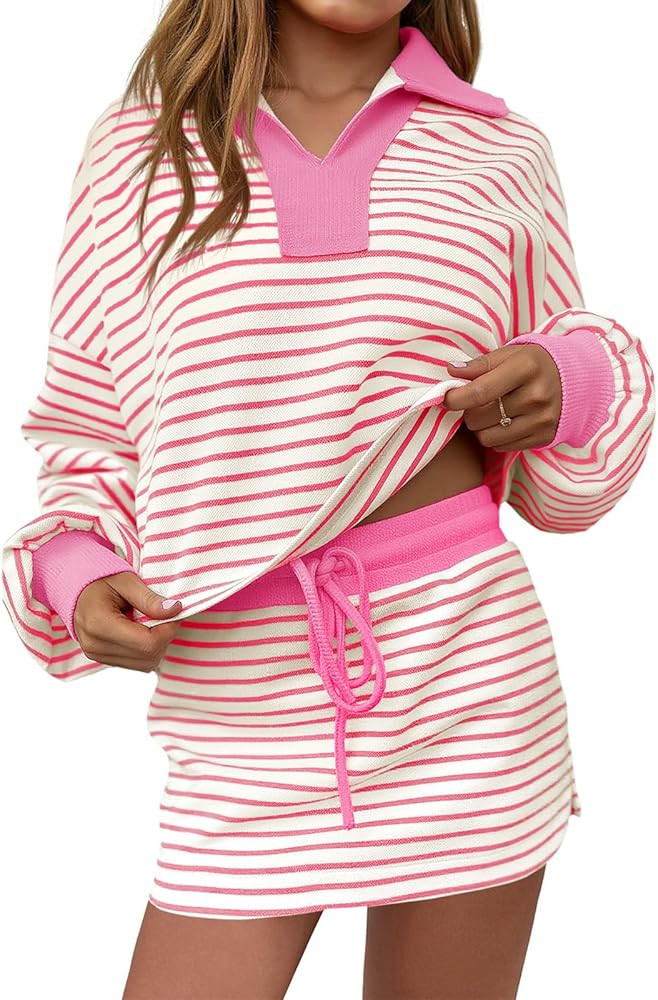 Fisoew Womens Striped 2 Piece Outfits Casual Sweatshirt Skirt Set Long Sleeve Skort Workout Set M... | Amazon (US)