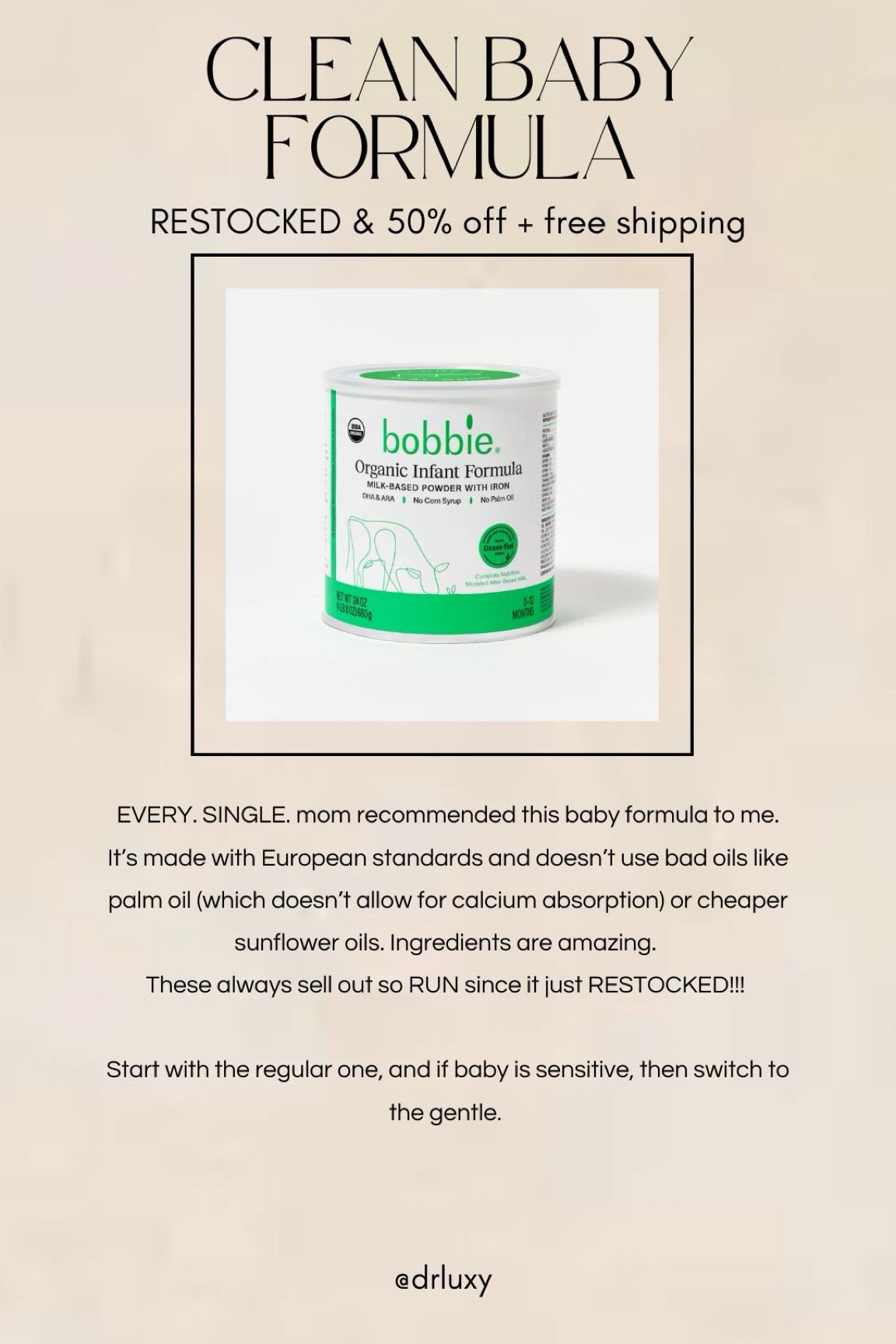 Clean baby formula recommended by ALL of my mom friends! You know I research all ingredients and this one is just as amazing as they say! It just restocked and always sells out so RUN! If you make a username, first order is 50% off with free shipping. I just ordered to have on hand in case breast feeding doesn’t go as planned! 

Clean baby formula 
Bobbie formula 
Bobbie baby formula 
Maternity 
Bump 
Baby must haves 

#LTKBaby #LTKFindsUnder50 #LTKBump